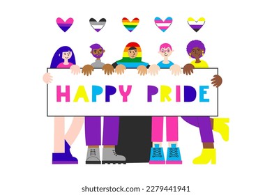 LGBT people of different ethnicity demonstrate happy pride poster. Minorities awareness and visibility. Queer men and women with flag hearts. 