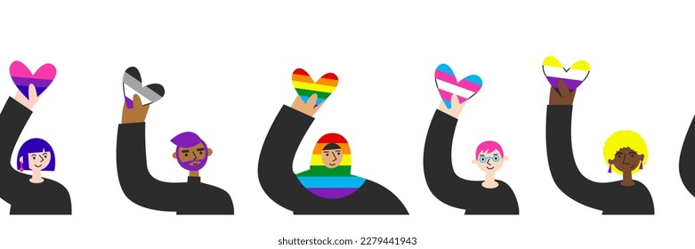 LGBT people of different ethnicity happy pride seamless border. Minorities awareness and visibility. Queer men and women of color with flag hearts. 