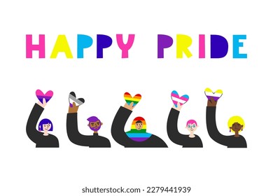 LGBT people of different ethnicity hold flag hearts. Happy pride lettering. Minorities awareness and visibility. Queer men and women vector flat illustration banner.  