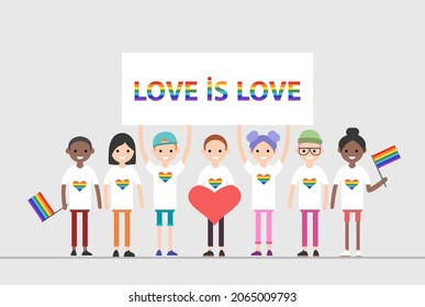 Lgbt People Gay Parade. People With Placards. Sexual Revolution Or Free Love. Holiday, Celebration, Festivity Vector Illustration