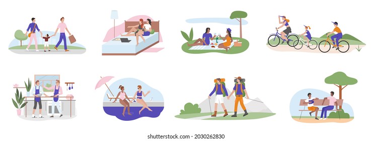 Lgbt people life, happy homosexual couple in romantic lifestyle scenes set vector illustration. Cartoon young two gay or lesbian characters at home or vacation, romance relationship isolated on white