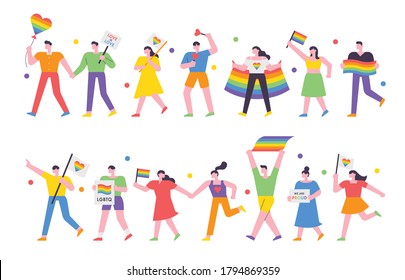 LGBT people are marching with rainbow flags and pickets. flat design style minimal vector illustration.