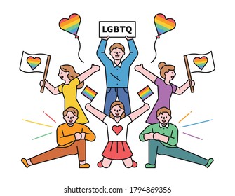 LGBT people are posing together with rainbow flags and pickets. flat design style minimal vector illustration.