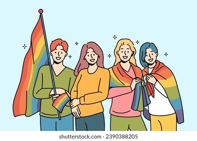 Las personas LGBT con banderas de arco iris para el desfile gay son convocadas para celebrar el mes del orgullo y participar en el festival gay. Hombres y mujeres LGBT y LGBTq promueven el amor libre o valores no tradicionales