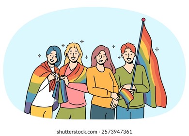 LGBT people with rainbow flags for gay parade are called to celebrate pride month and take part in queer festival. LGBT and LGBTq men and women promote free love or non-traditional values