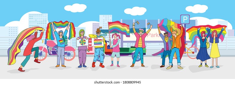 LGBT people raise up rainbow flag for demands equality on the street in the center of the city , illustration picture.