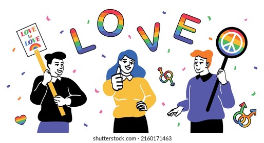 Gente LGBT con cartel. Cartel y banner del sitio web. Tolerancia, unidad y respeto, sociedad avanzada. Activistas y personajes responsables, protestas o manifestaciones. Dibujo vectorial plano de dibujos animados