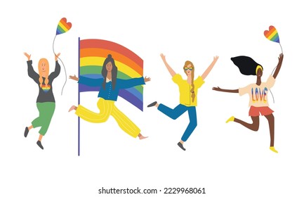 LGBT people vector illustration. Cartoon flat happy homosexual people. Gay and lesbian lover characters in romantic love relationship celebrating LGBT pride month isolated.