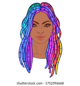 LGBT person with rainbow hair. African American lady with dreadlocks  Gay Pride. LGBT concept. Isolated on white vector colorful illustration. Sticker, patch, t-shirt print, logo design.