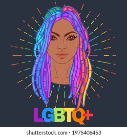 LGBT person with rainbow hair. African American lady with dreadlocks  Gay Pride. LGBT concept. Isolated on gray vector colorful illustration. Sticker, patch, t-shirt print, logo design.