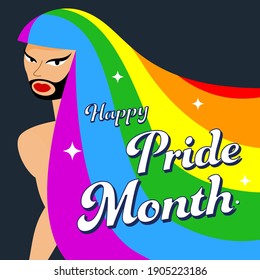 LGBT person with rainbow hair an beard. Gay Pride. LGBTQ concept. Isolated on dark vector colorful illustration. Sticker.