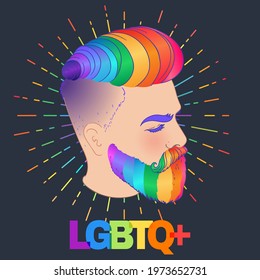 LGBT Person With Rainbow Hair An Beard.  Caucasian Man. Gay Pride. LGBTQ Concept. Isolated On Gray Vector Colorful Illustration. Sticker, Patch, T-shirt Print, Logo Design.