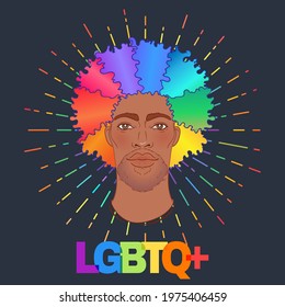 LGBT person with rainbow hair an beard.  African american man. Gay Pride. LGBTQ concept. Isolated on gray vector colorful illustration. Sticker, patch, t-shirt print, logo design.