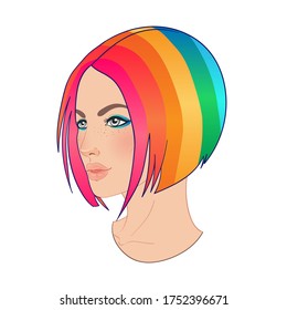 LGBT person with rainbow hair. Feminine girl or trans person.  Gay Pride. LGBTQ concept. Isolated vector colorful illustration. Sticker, patch, t-shirt print, logo design.