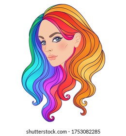 LGBT person with rainbow hair. Feminine girl or trans person.  Gay Pride. LGBTQ concept. Isolated vector colorful illustration. Sticker, patch, t-shirt print, logo design.