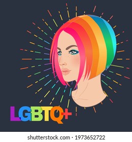 LGBT person with rainbow hair. Feminine girl or trans person.  Gay Pride. LGBTQ concept. Isolated vector colorful illustration on gray. Sticker, patch, t-shirt print, logo design.