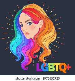 LGBT person with rainbow hair. Feminine girl or trans person.  Gay Pride. LGBTQ concept. Isolated vector colorful illustration on gray. Sticker, patch, t-shirt print, logo design.