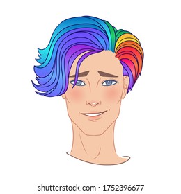 LGBT person with rainbow hair. Non binary caucasian person. Gay Pride. LGBTQ concept. Isolated on white vector colorful illustration. Sticker, patch, t-shirt print, logo design.