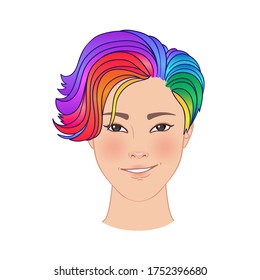 LGBT person with rainbow hair. Non binary asian person. Gay Pride. LGBTQ concept. Isolated on white vector colorful illustration. Sticker, patch, t-shirt print, logo design.