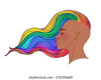 LGBT person with rainbow hair. Non binary african american  person. Gay Pride. LGBTQ concept. Isolated vector on white colorful illustration. Sticker, patch, t-shirt print, logo design.