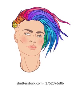 LGBT person with rainbow hair. Non binary caucasian person. Gay Pride. LGBTQ concept. Isolated on white vector colorful illustration. Sticker, patch, t-shirt print, logo design.