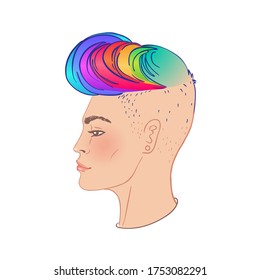 LGBT person with rainbow hair. Non binary caucasian person. Gay Pride. LGBTQ concept. Isolated on white vector colorful illustration. Sticker, patch, t-shirt print, logo design.