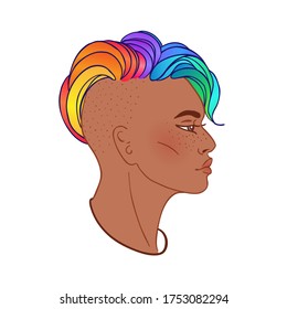 Persona LGBT con pelo de arco iris. Persona afroamericana no binaria. Orgullo gay. Concepto LGBTQ. Vector aislado en ilustración de color blanco. Pegatina, parche, estampado de camisetas, diseño de logotipo.