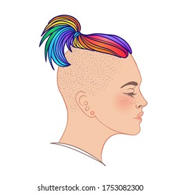 LGBT person with rainbow hair. Non binary caucasian person. Gay Pride. LGBTQ concept. Isolated on white vector colorful illustration. Sticker, patch, t-shirt print, logo design.