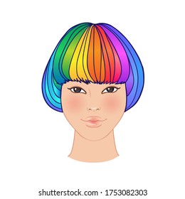 LGBT person with rainbow hair. Non binary asian person. Gay Pride. LGBTQ concept. Isolated on white vector colorful illustration. Sticker, patch, t-shirt print, logo design.