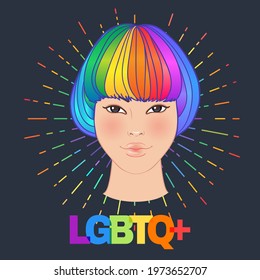 LGBT person with rainbow hair. Non binary asian person. Gay Pride. LGBTQ concept. Isolated on gray vector colorful illustration. Sticker, patch, t-shirt print, logo design.