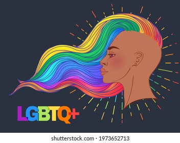 LGBT person with rainbow hair. Non binary african american  person. Gay Pride. LGBTQ concept. Isolated vector  colorful illustration. Sticker, patch, t-shirt print, logo design.