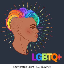 LGBT person with rainbow hair. Non binary african american  person. Gay Pride. LGBTQ concept. Isolated vector on gray colorful illustration. Sticker, patch, t-shirt print, logo design.