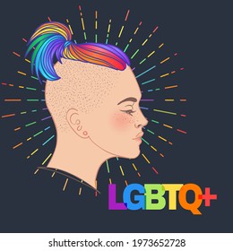 LGBT person with rainbow hair. Non binary caucasian person. Gay Pride. LGBTQ concept. Isolated on gray vector colorful illustration. Sticker, patch, t-shirt print, logo design.