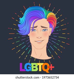 LGBT person with rainbow hair. Non binary caucasian person. Gay Pride. LGBTQ concept. Isolated on gray vector colorful illustration. Sticker, patch, t-shirt print, logo design.