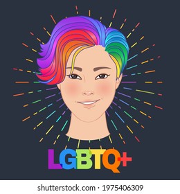 LGBT person with rainbow hair. Non binary asian person. Gay Pride. LGBTQ concept. Isolated on gray vector colorful illustration. Sticker, patch, t-shirt print, logo design.