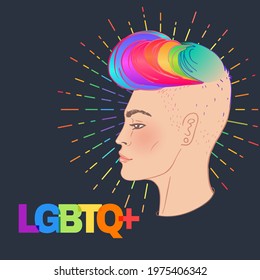 LGBT person with rainbow hair. Non binary caucasian person. Gay Pride. LGBTQ concept. Isolated on gray vector colorful illustration. Sticker, patch, t-shirt print, logo design.