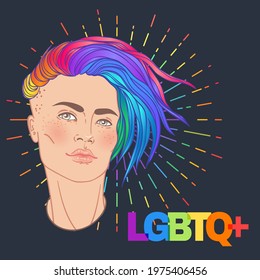 LGBT person with rainbow hair. Non binary caucasian person. Gay Pride. LGBTQ concept. Isolated on gray vector colorful illustration. Sticker, patch, t-shirt print, logo design.