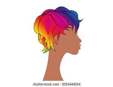 LGBT person with rainbow hair. Non binary african american person. Gay Pride. LGBTQ concept. Isolated vector on white colorful illustration. Sticker, patch, t-shirt print, logo design