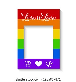 LGBT photo booth frame isolated on white. Rainbow photobooth props. LGBTQ+ community party decorations. Love is love. Vector template. 