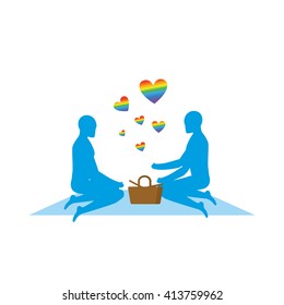 LGBT picnic. Gay Rendezvous in Park. Rural jaunt lovers men. Meal in nature. Plaid and basket for food on lawn. Romantic transgendered illustration. Blue people
