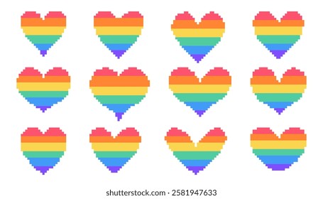 LGBT pixel heart set different shapes. Multicolored 8 bit hearts on white background for poster pattern, print, design, elements. Flat vector icon collection