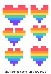 LGBT pixel hearts clipart collection. Print for poster, pattern, sticker, label, card. Flat vector illustration isolated on a white background.


