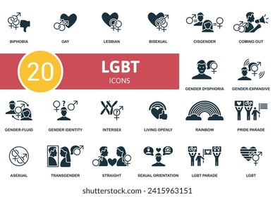 LGBT plus icons set. Creative icons: biphobia, gay, lesbian, bisexual, cisgender, coming out, gender dysphoria, gender-expansive, gender-fluid and more