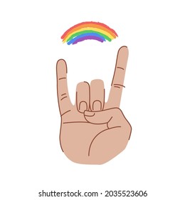 Diseño de afiches LGBT. Concepto LGBT. Gesto de mano de rock. Señal de rock. Ilustración vectorial aislada. Arcoiris LGBT entre dedos.