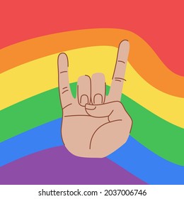 LGBT poster design. LGBT concept. Hand gesture of rock. Rock sign on background of LGBT flag. Isolated vector colorful illustration.
