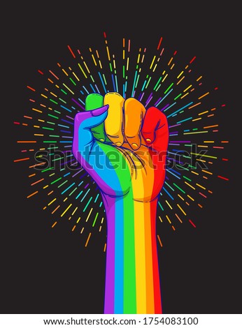 LGBT poster design. Rainbow fist rased up. Gay Pride. LGBTQ concept. Isolated vector colorful illustration. Sticker, patch, t-shirt print, greeting card, banner.