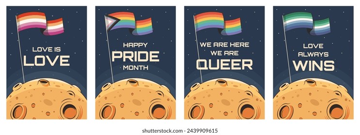 LGBT Poster Set. Karten für den LGBTQ Pride Month mit Regenbogenfahnen auf dem Mond. Vektorgrafik