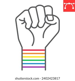 LGBT power line icon, LGBT and protest, hand fist vector icon, vector graphics, editable stroke outline sign, eps 10.