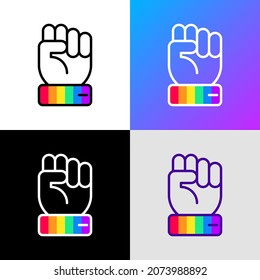 Icono de línea delgada de poder LGBT: con la muñeca arco iris. Ilustración vectorial moderna.