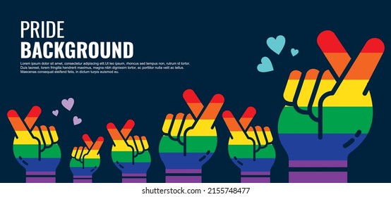 LGBT pride abstract background. Vector background with rainbow colors and love symbol hand. Vector Banner Template for Pride Month